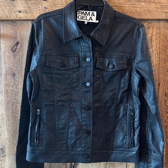 Pam & Gela Jackets & Blazers - Pam & Gela Black snake skin Textured Faux Leather Trucker Jacket